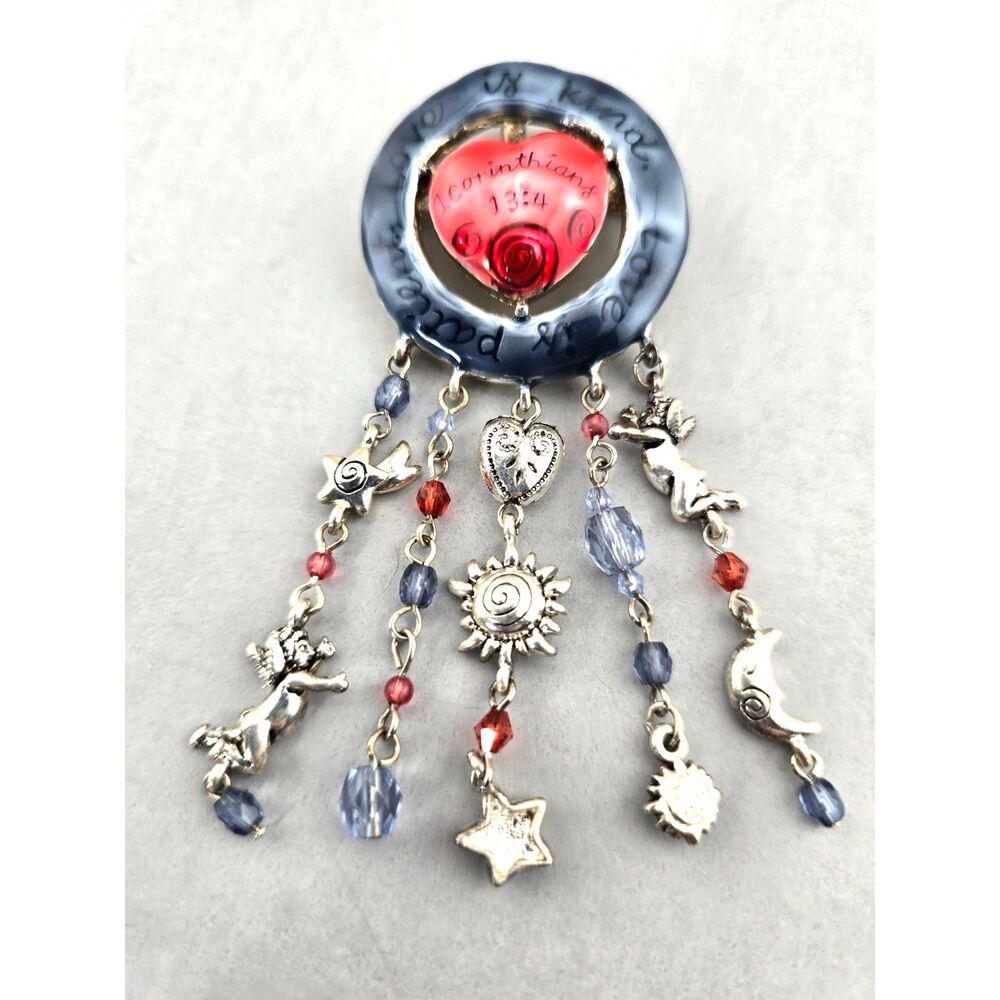 Celestial Pendant Brooch Pin Religious Corinthians Enamel Silver Tone Dangles
